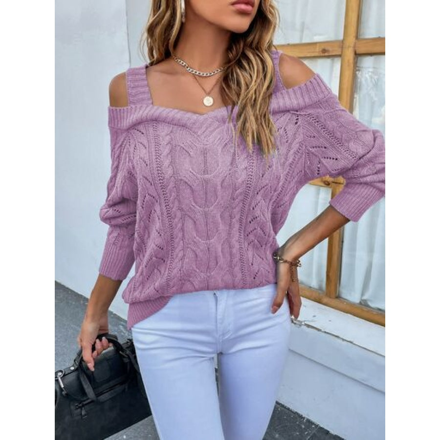 Cable-Knit Openwork Sweetheart Neck Sweater Lilac / S Clothing