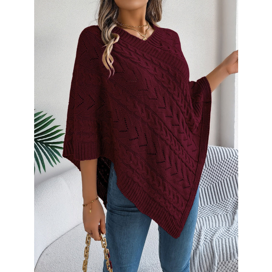 Cable-Knit Openwork Three-Quarter Sleeve Sweater Apparel and Accessories