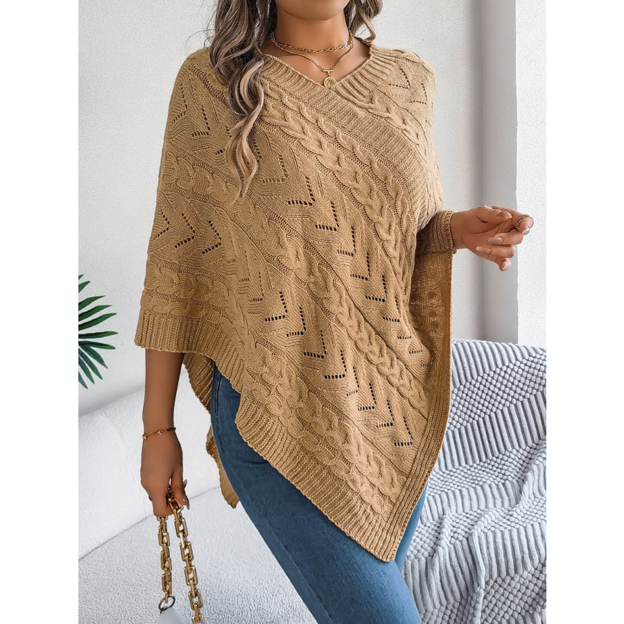 Cable-Knit Openwork Three-Quarter Sleeve Sweater Apparel and Accessories