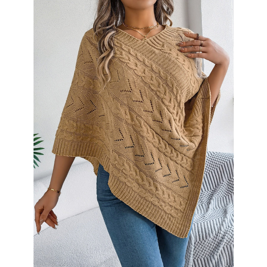 Cable-Knit Openwork Three-Quarter Sleeve Sweater Apparel and Accessories