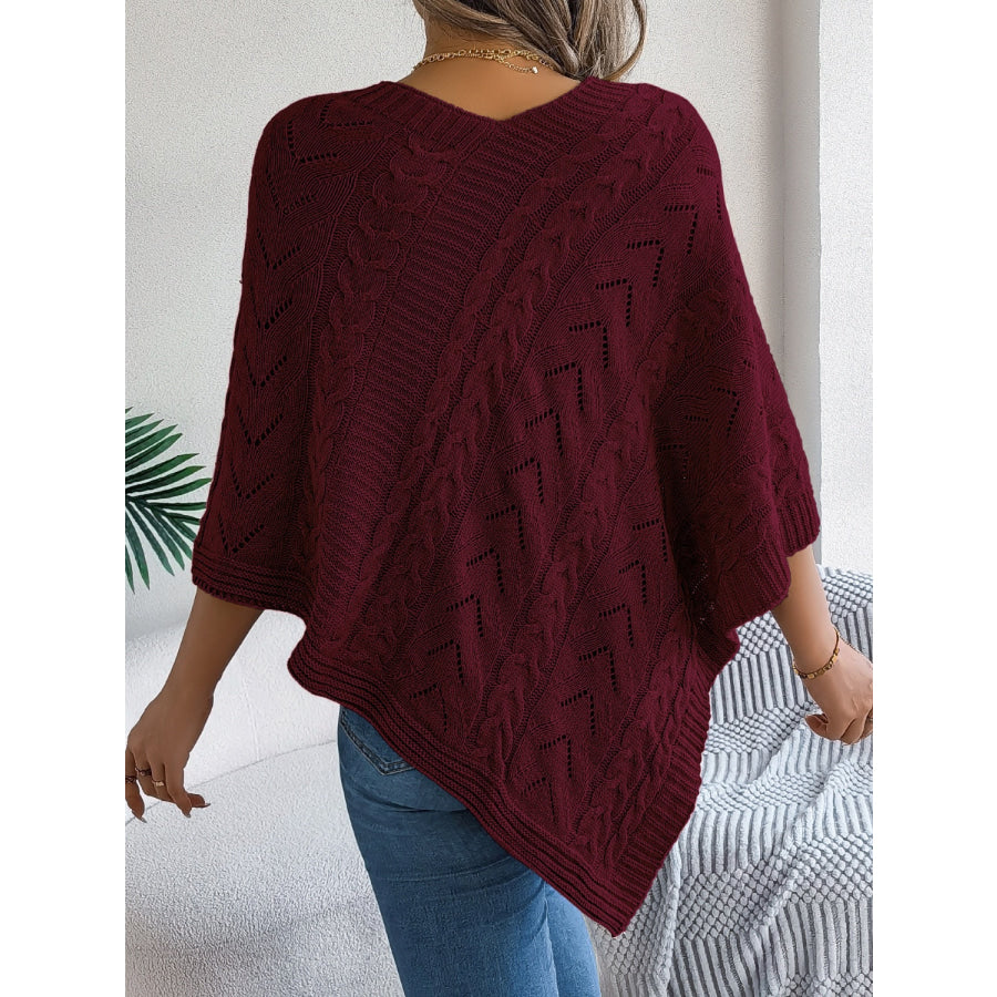 Cable-Knit Openwork Three-Quarter Sleeve Sweater Apparel and Accessories