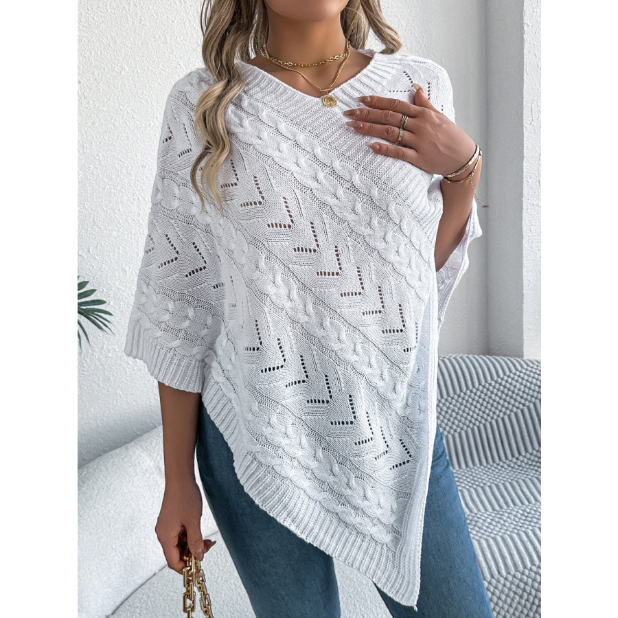 Cable-Knit Openwork Three-Quarter Sleeve Sweater Apparel and Accessories