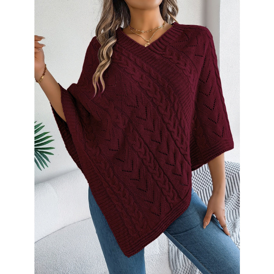 Cable-Knit Openwork Three-Quarter Sleeve Sweater Apparel and Accessories