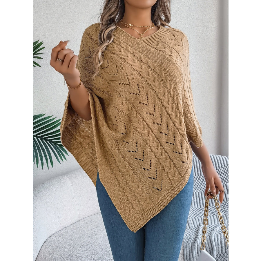 Cable-Knit Openwork Three-Quarter Sleeve Sweater Apparel and Accessories