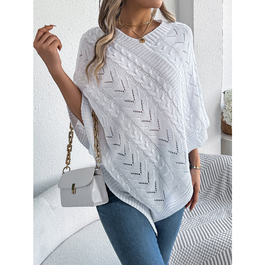 Cable-Knit Openwork Three-Quarter Sleeve Sweater Apparel and Accessories