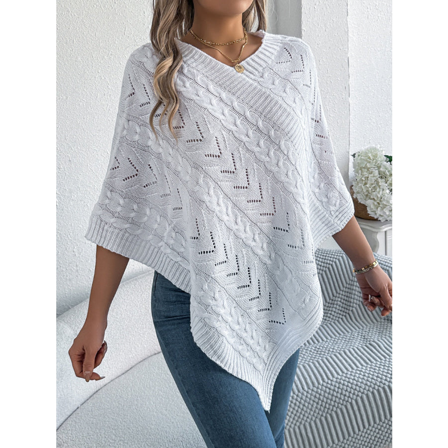 Cable-Knit Openwork Three-Quarter Sleeve Sweater Apparel and Accessories