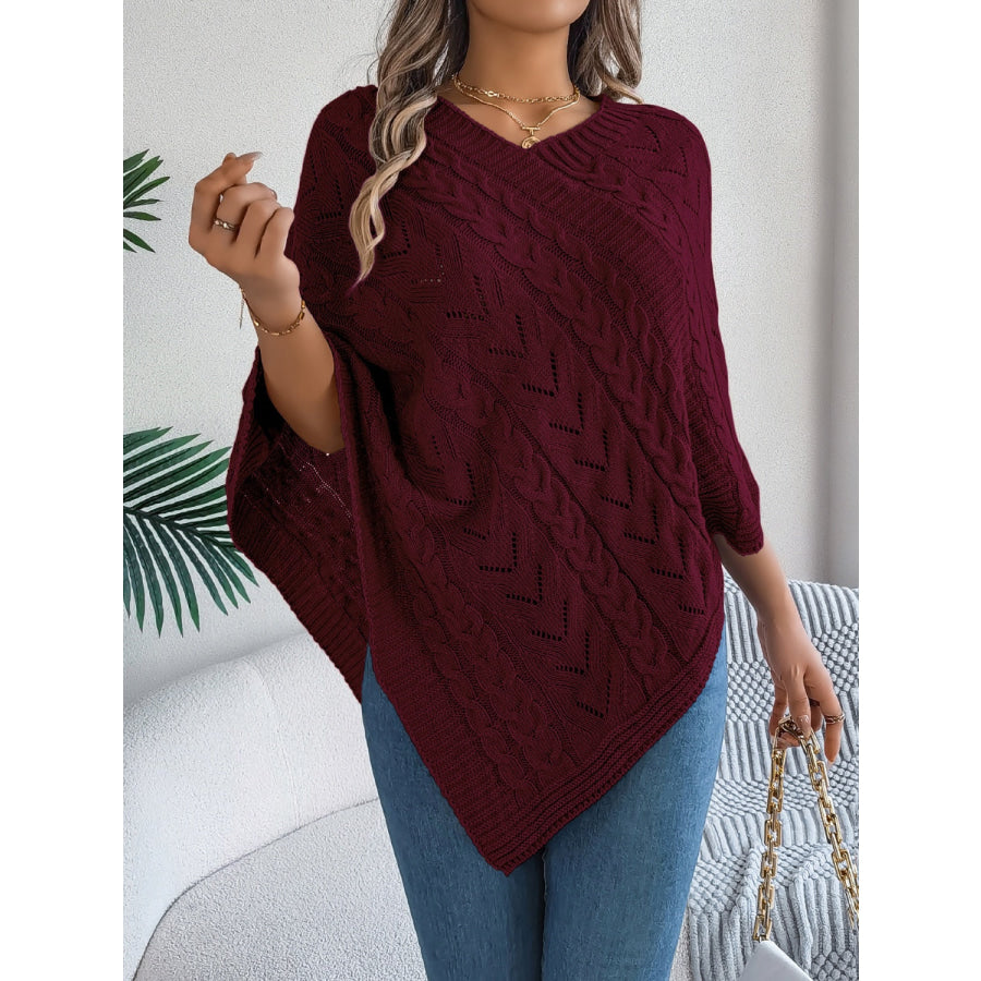 Cable-Knit Openwork Three-Quarter Sleeve Sweater Apparel and Accessories