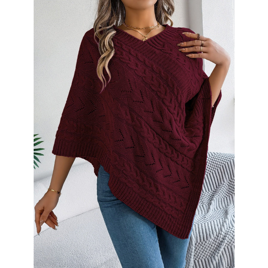 Cable-Knit Openwork Three-Quarter Sleeve Sweater Apparel and Accessories