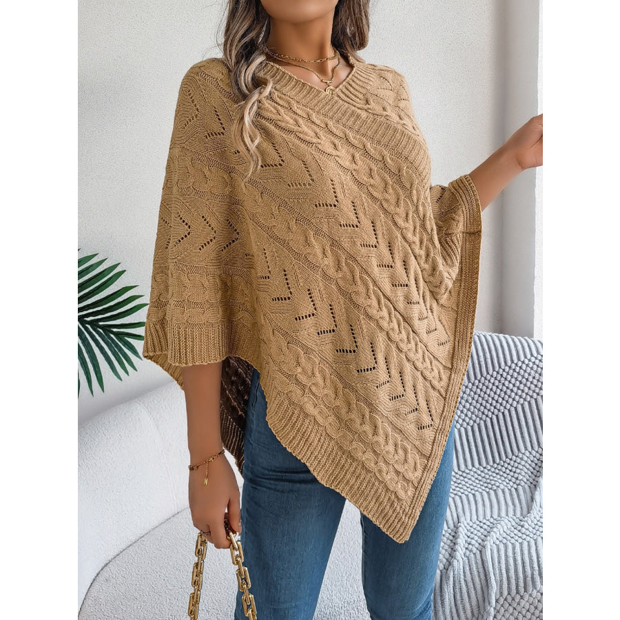 Cable-Knit Openwork Three-Quarter Sleeve Sweater Apparel and Accessories