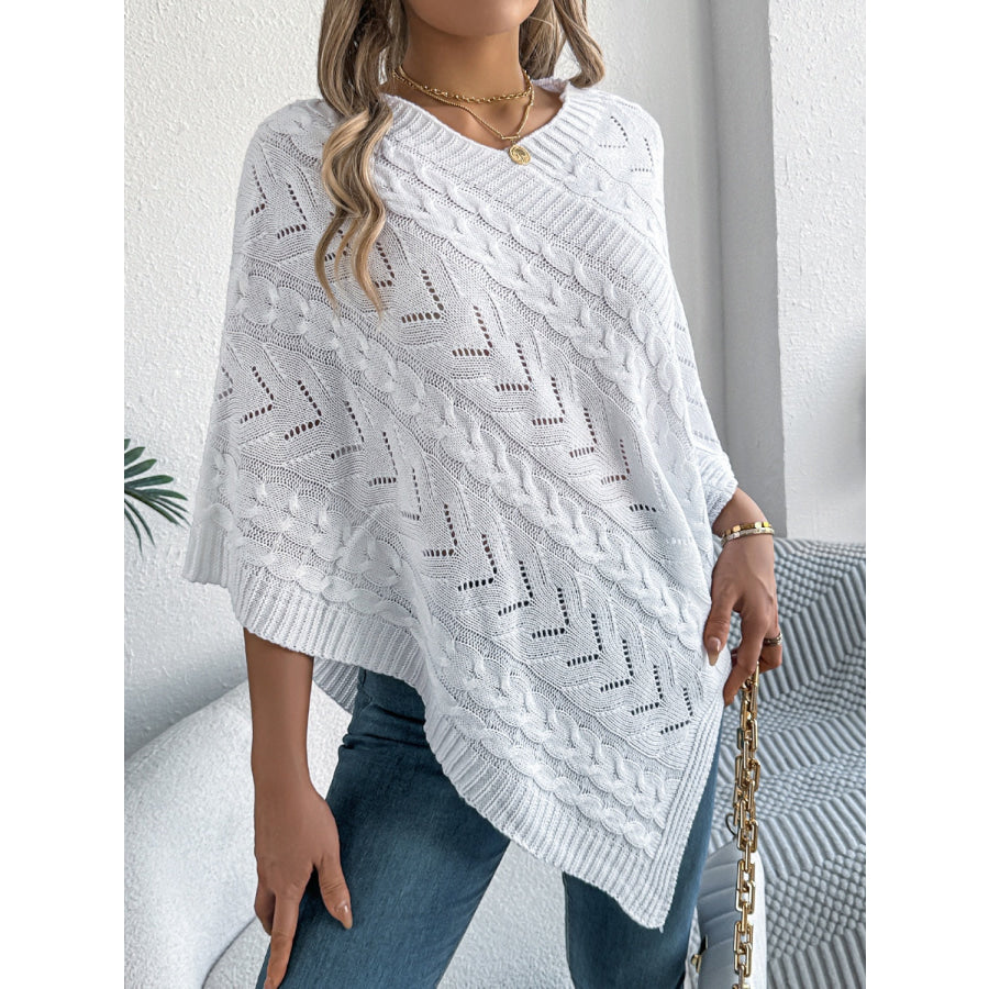 Cable-Knit Openwork Three-Quarter Sleeve Sweater Apparel and Accessories