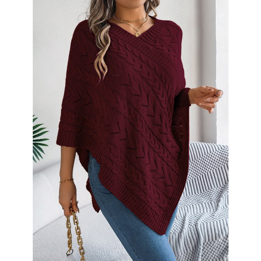 Cable-Knit Openwork Three-Quarter Sleeve Sweater Burgundy / S Apparel and Accessories