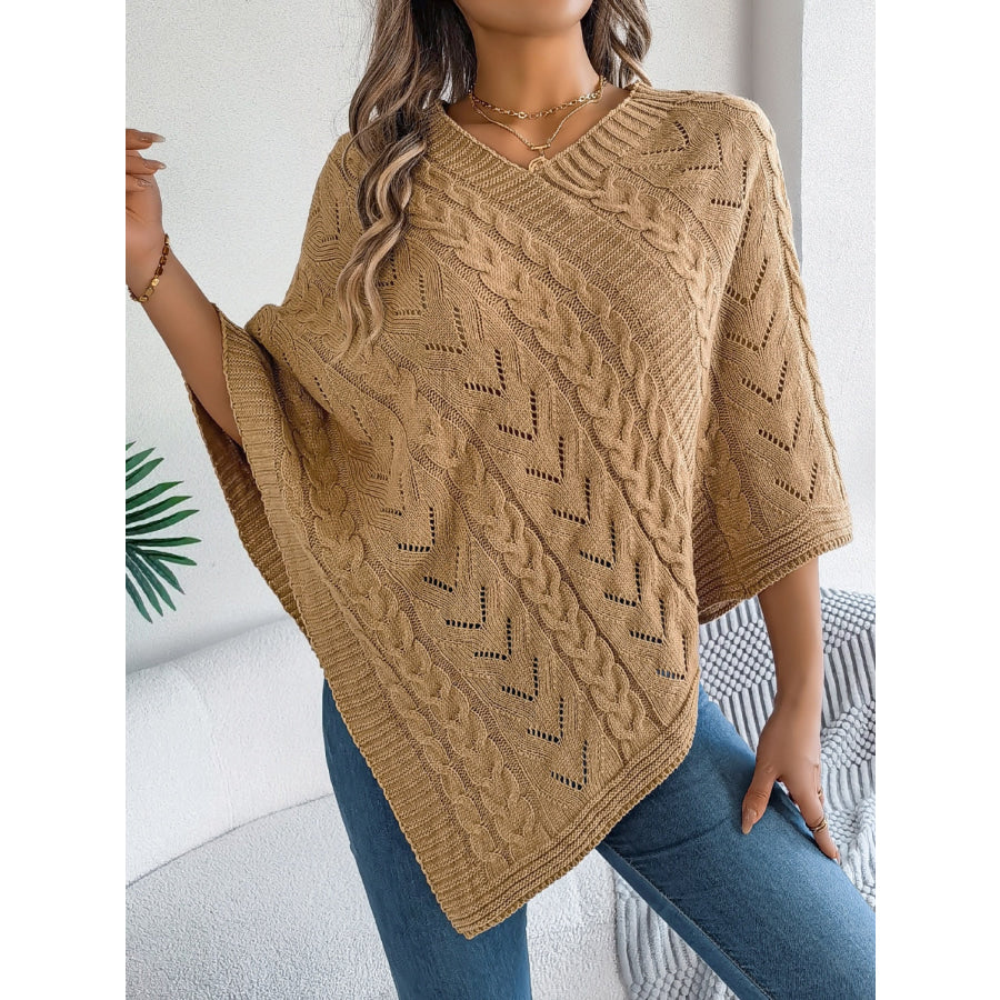 Cable-Knit Openwork Three-Quarter Sleeve Sweater Camel / S Apparel and Accessories