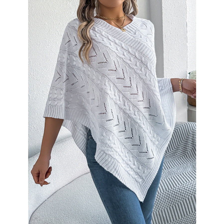 Cable-Knit Openwork Three-Quarter Sleeve Sweater White / S Apparel and Accessories