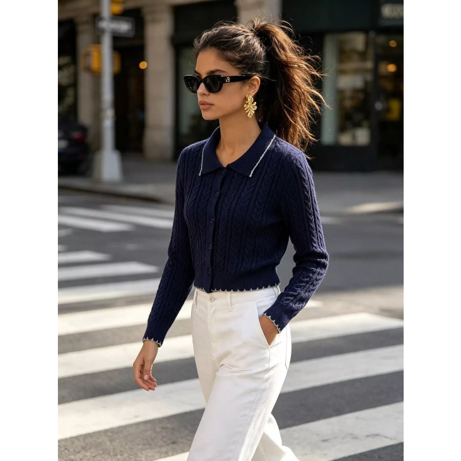 Cable Knit Polo Collar Button-Up Cardigan Apparel and Accessories