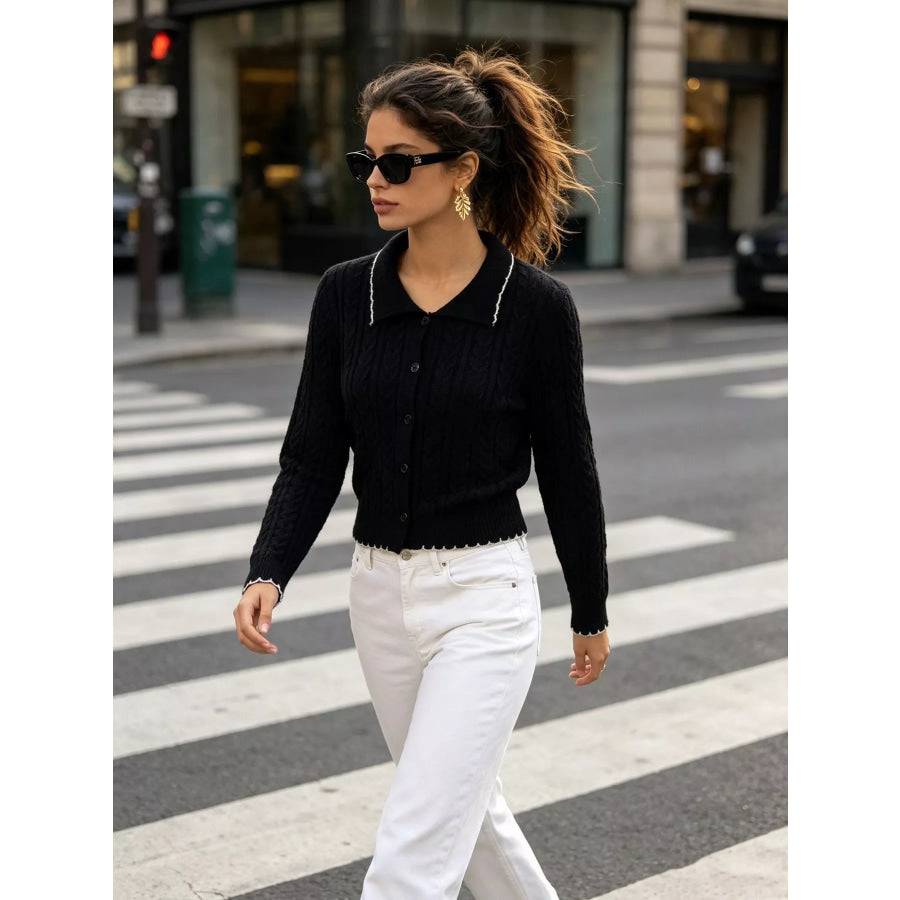 Cable Knit Polo Collar Button-Up Cardigan Apparel and Accessories