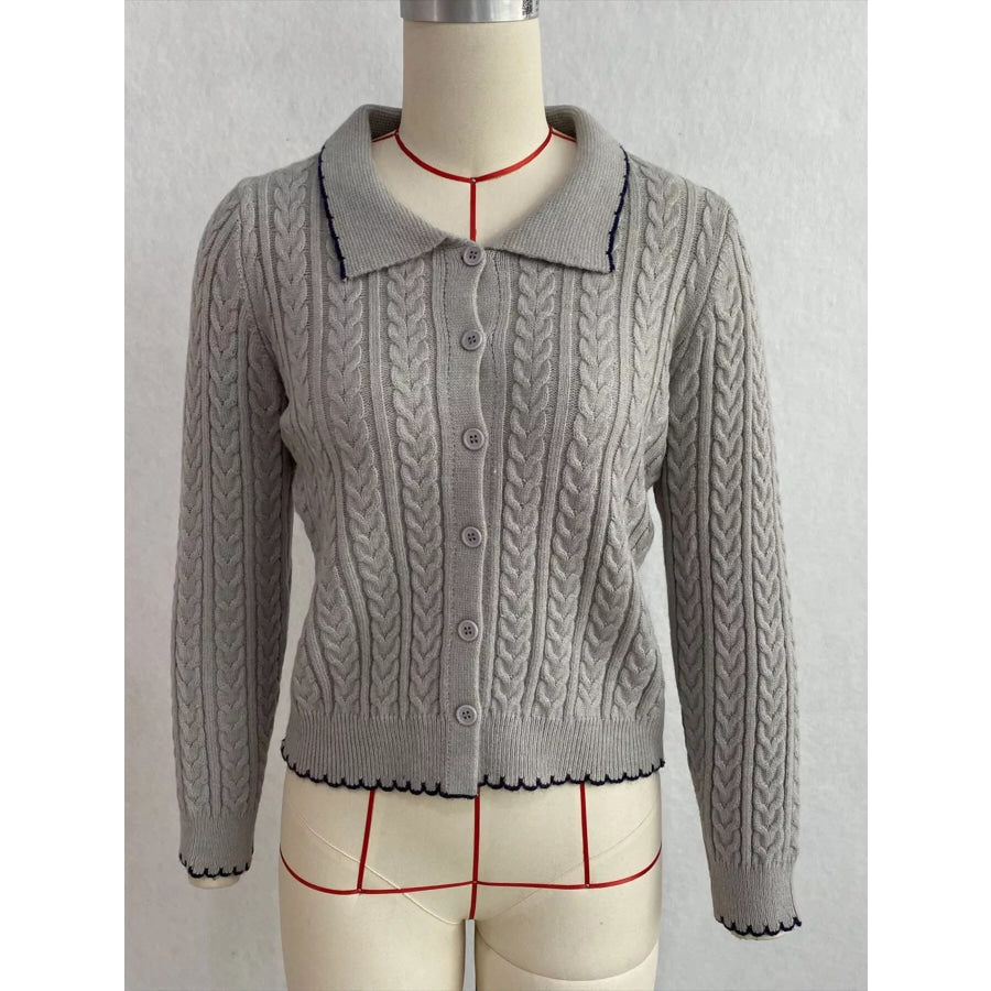 Cable Knit Polo Collar Button-Up Cardigan Apparel and Accessories