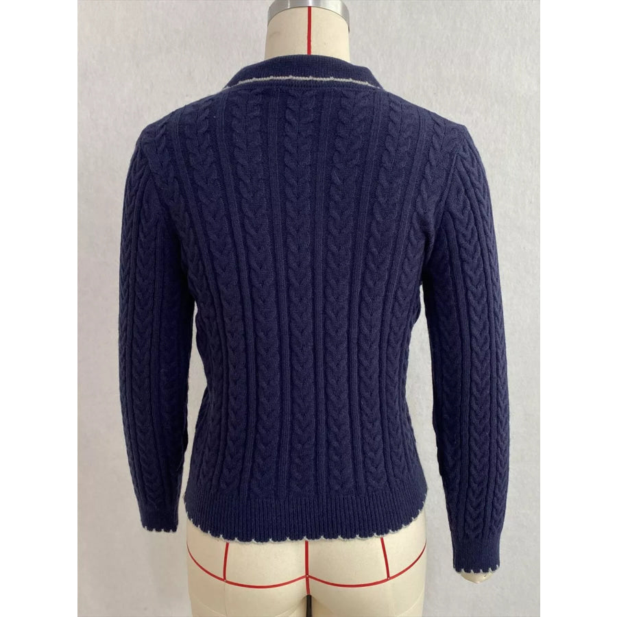 Cable Knit Polo Collar Button-Up Cardigan Apparel and Accessories