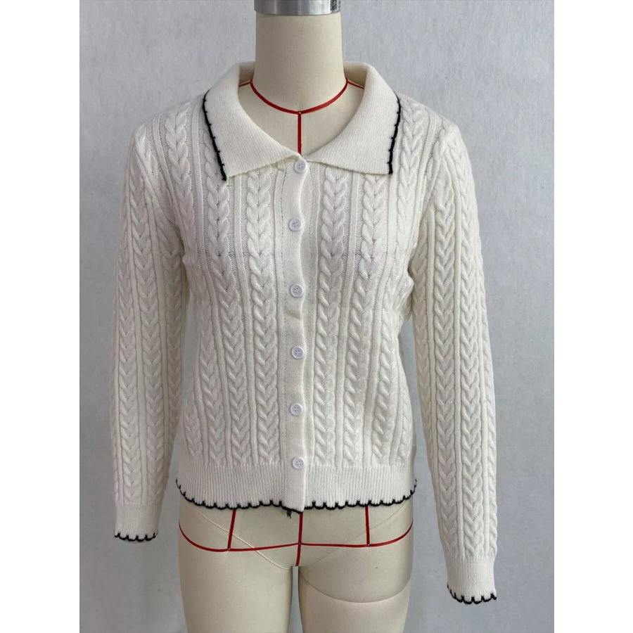 Cable Knit Polo Collar Button-Up Cardigan Apparel and Accessories