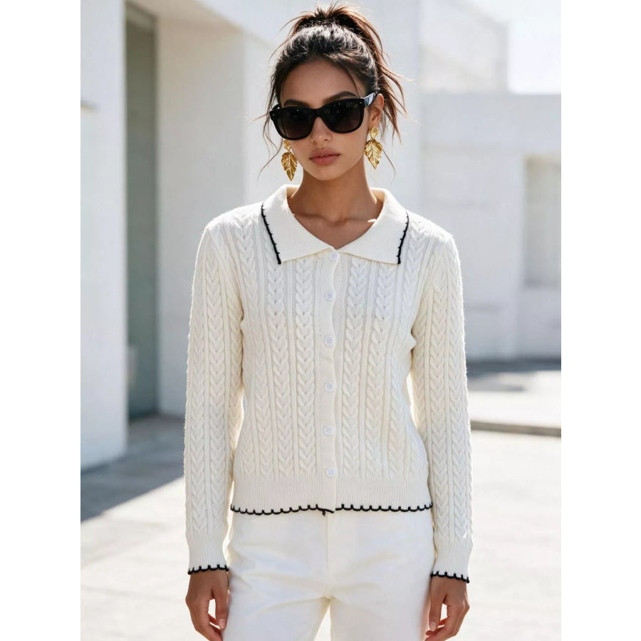 Cable Knit Polo Collar Button-Up Cardigan Apparel and Accessories