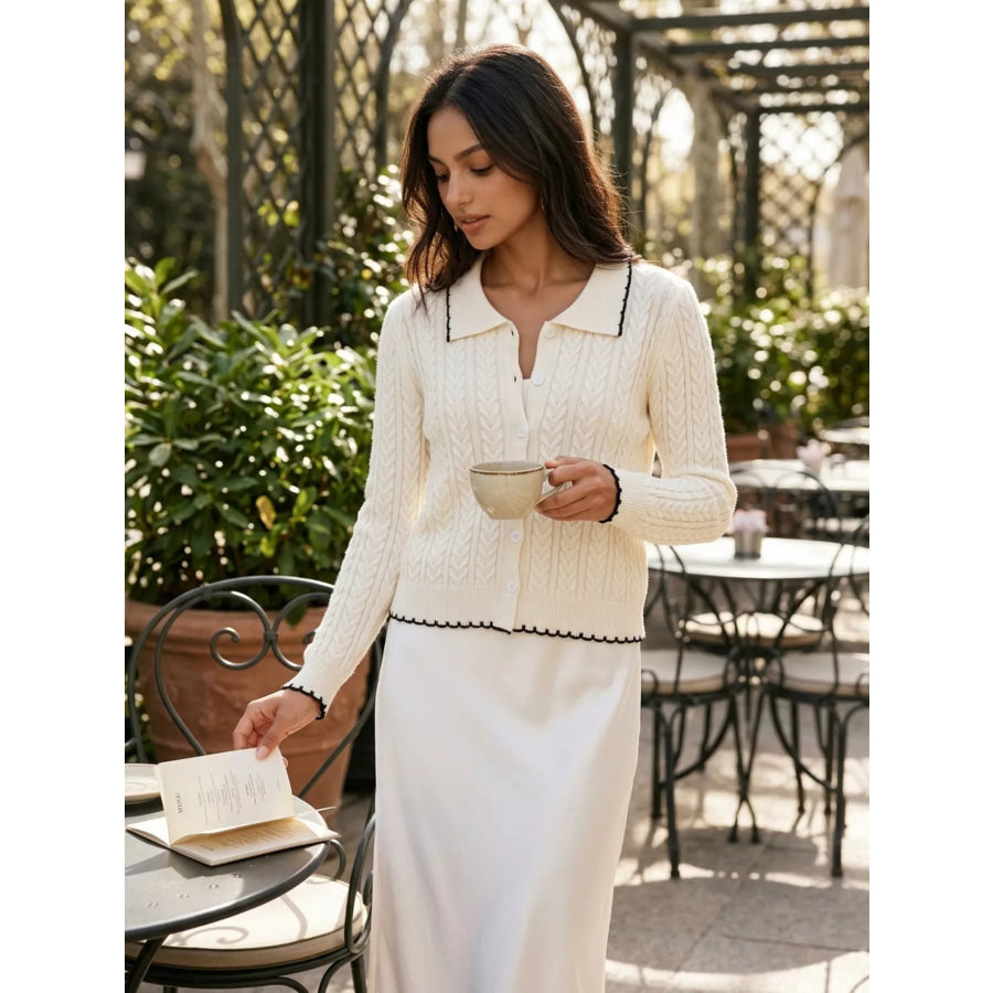 Cable Knit Polo Collar Button-Up Cardigan Apparel and Accessories