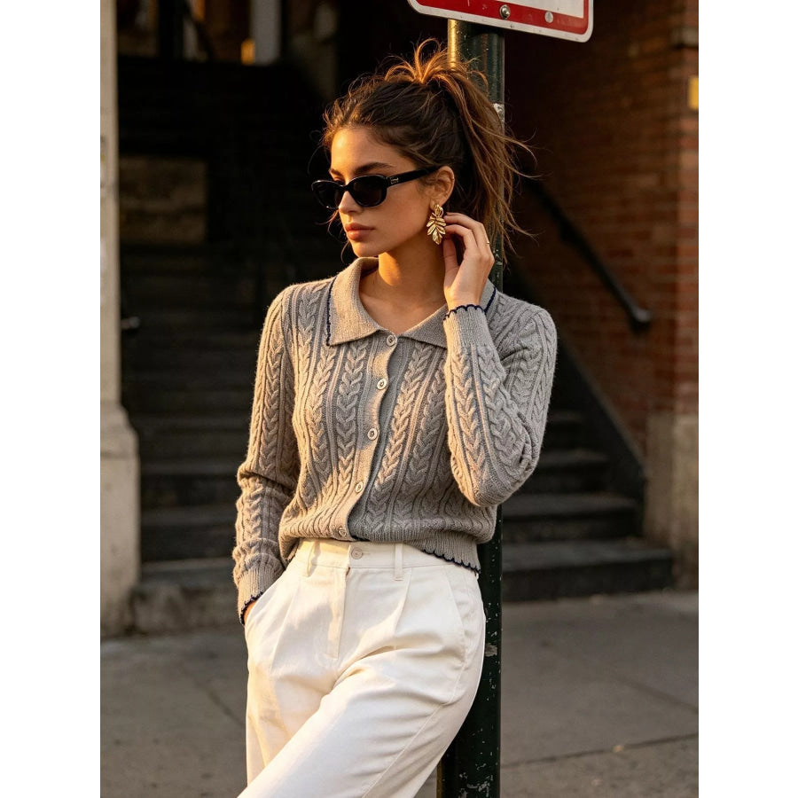 Cable Knit Polo Collar Button-Up Cardigan Apparel and Accessories