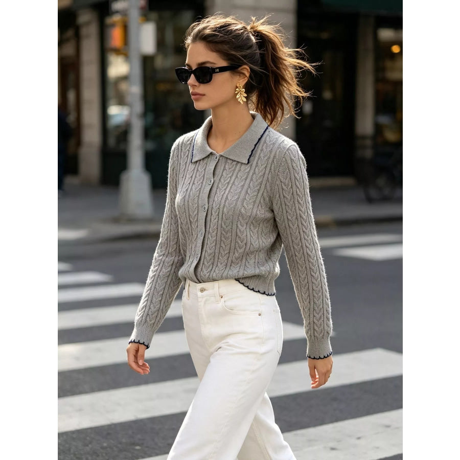 Cable Knit Polo Collar Button-Up Cardigan Apparel and Accessories