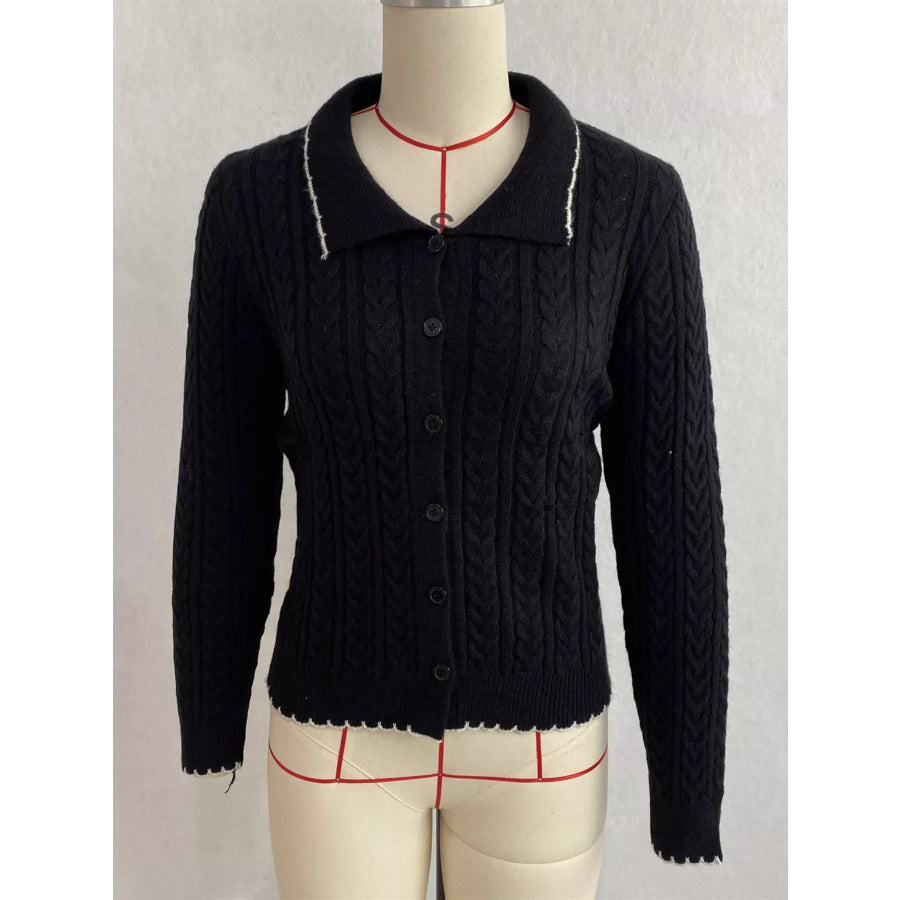 Cable Knit Polo Collar Button-Up Cardigan Apparel and Accessories