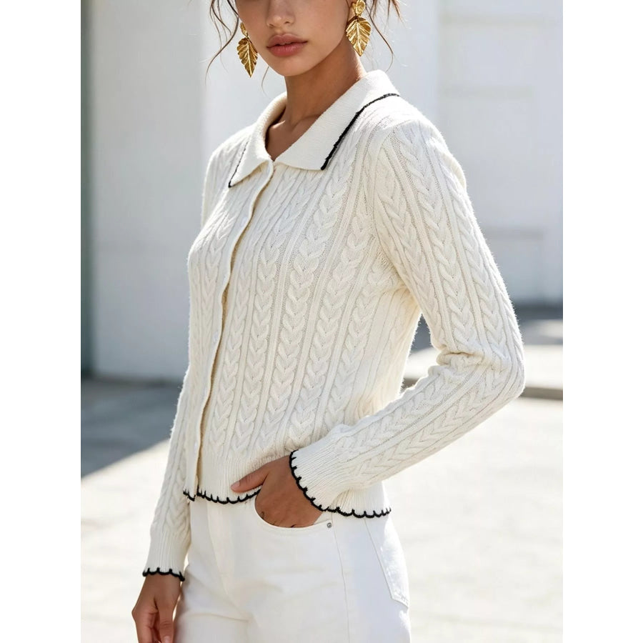 Cable Knit Polo Collar Button-Up Cardigan Apparel and Accessories