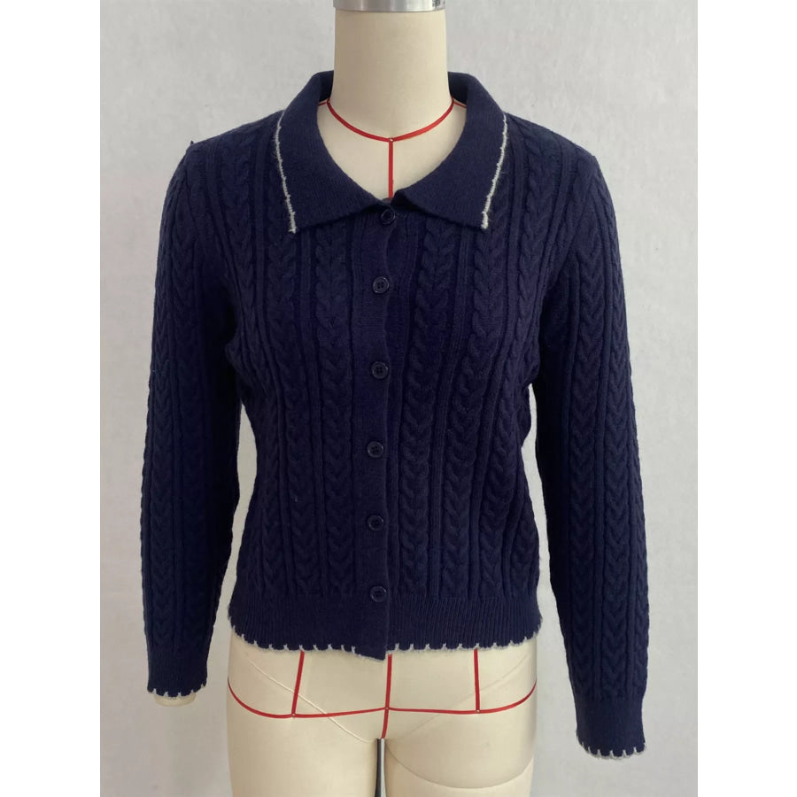 Cable Knit Polo Collar Button-Up Cardigan Apparel and Accessories