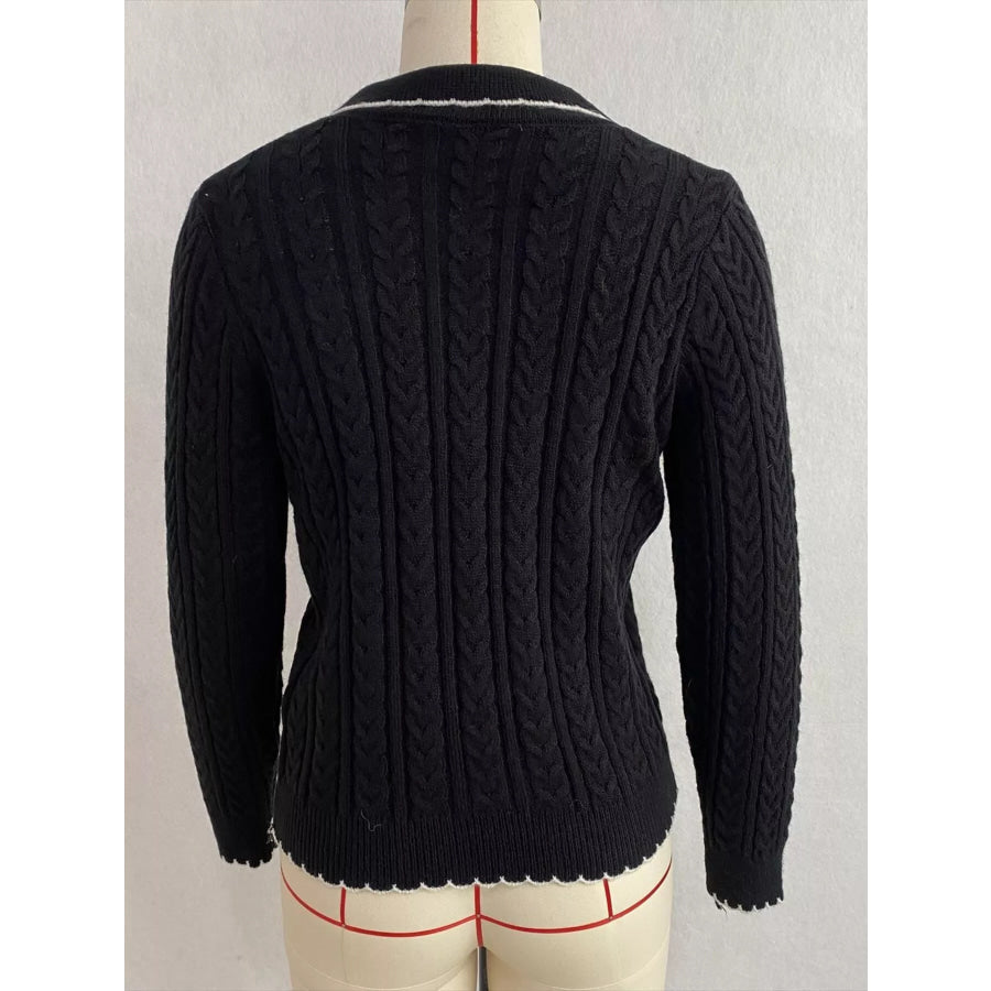 Cable Knit Polo Collar Button-Up Cardigan Apparel and Accessories