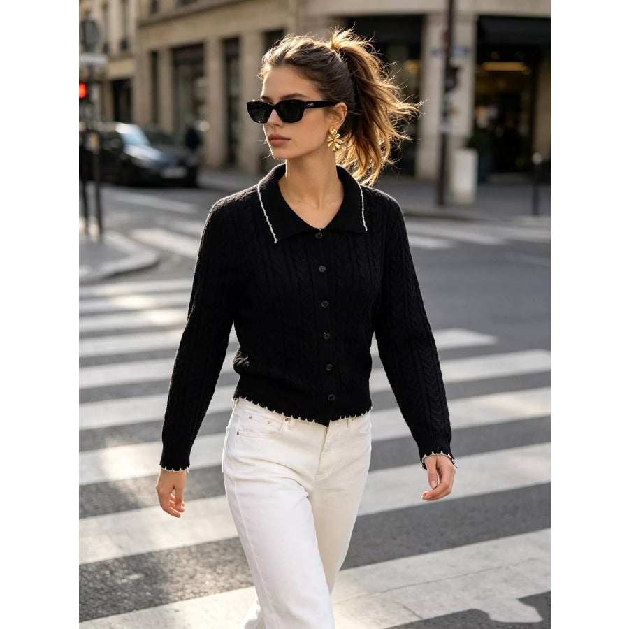 Cable Knit Polo Collar Button-Up Cardigan Apparel and Accessories