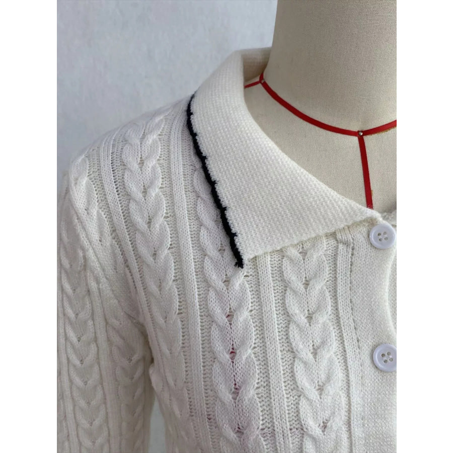 Cable Knit Polo Collar Button-Up Cardigan Apparel and Accessories