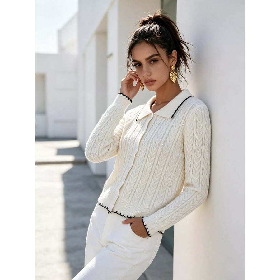 Cable Knit Polo Collar Button-Up Cardigan Apparel and Accessories