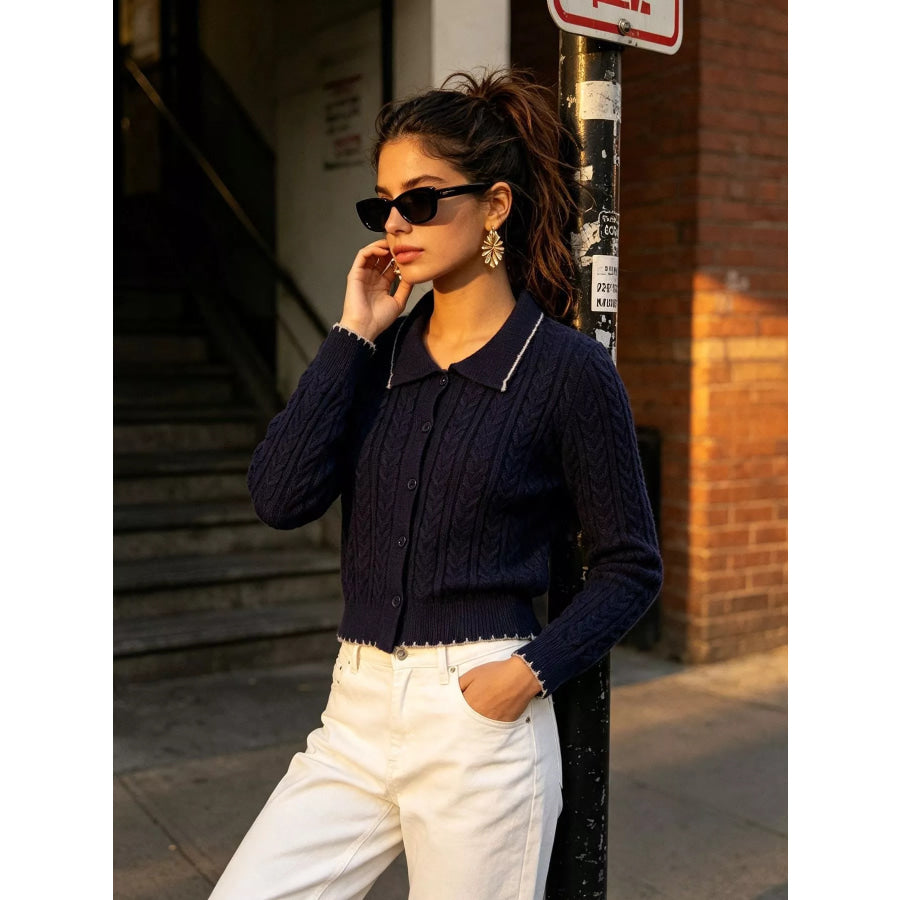 Cable Knit Polo Collar Button-Up Cardigan Navy Blue / One Size Apparel and Accessories
