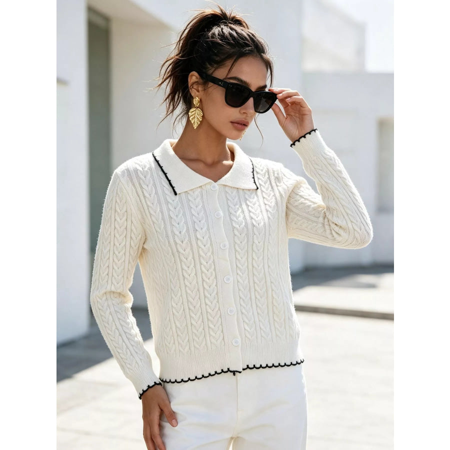 Cable Knit Polo Collar Button-Up Cardigan White / One Size Apparel and Accessories