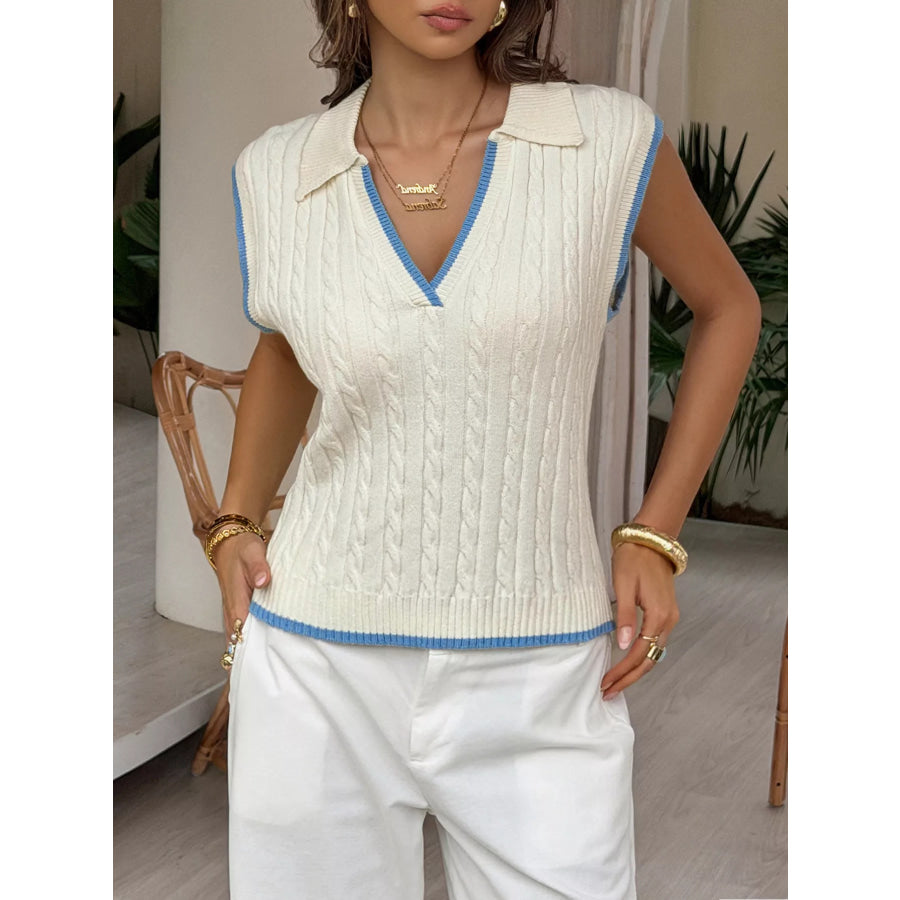 Cable Knit Polo Sweater Vest with Contrast Trim Apparel and Accessories
