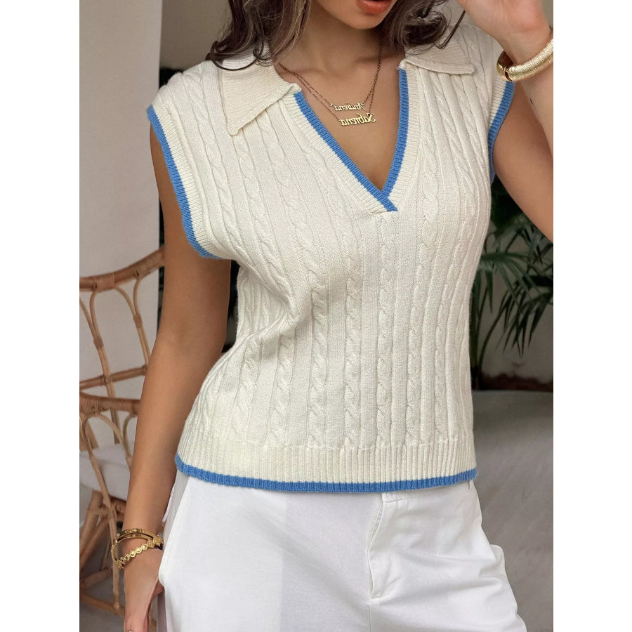 Cable Knit Polo Sweater Vest with Contrast Trim Apparel and Accessories