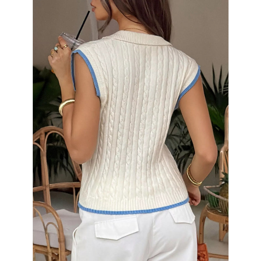 Cable Knit Polo Sweater Vest with Contrast Trim Apparel and Accessories