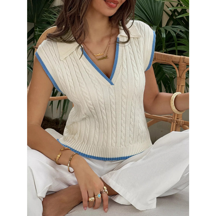 Cable Knit Polo Sweater Vest with Contrast Trim Apparel and Accessories