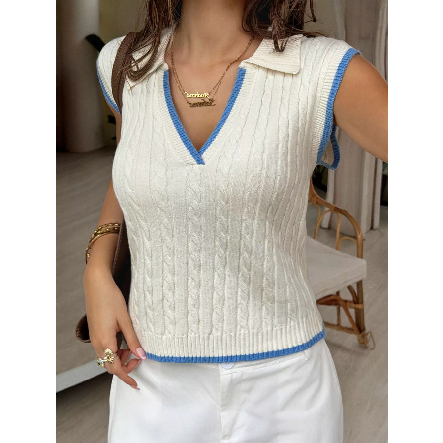 Cable Knit Polo Sweater Vest with Contrast Trim Beige / S Apparel and Accessories