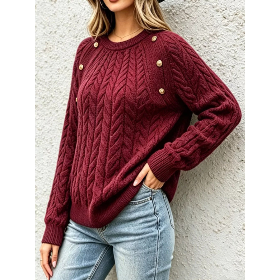 Cable-Knit Raglan Sleeve Sweater Deep Red / S Apparel and Accessories