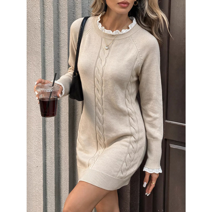 Cable Knit Raglan Sleeve Sweater Dress Khaki / S Apparel and Accessories