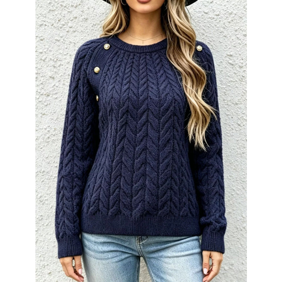 Cable-Knit Raglan Sleeve Sweater Navy Blue / S Apparel and Accessories