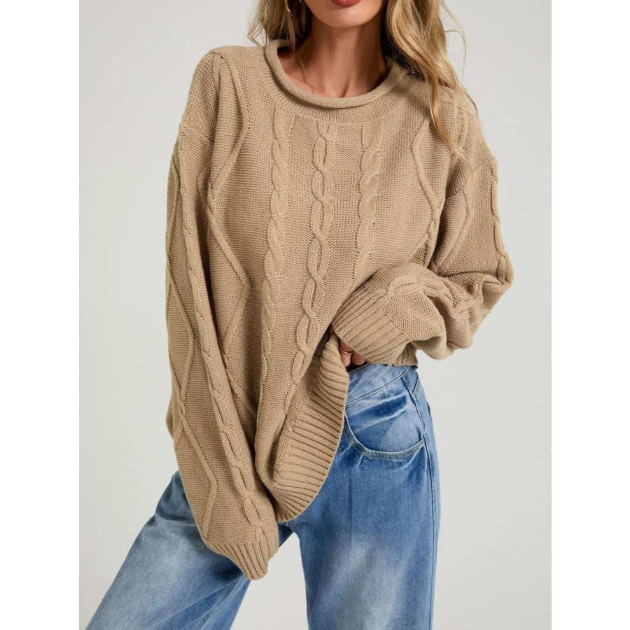 Cable Knit Ribbed Hem Sweater Beige / S Apparel and Accessories