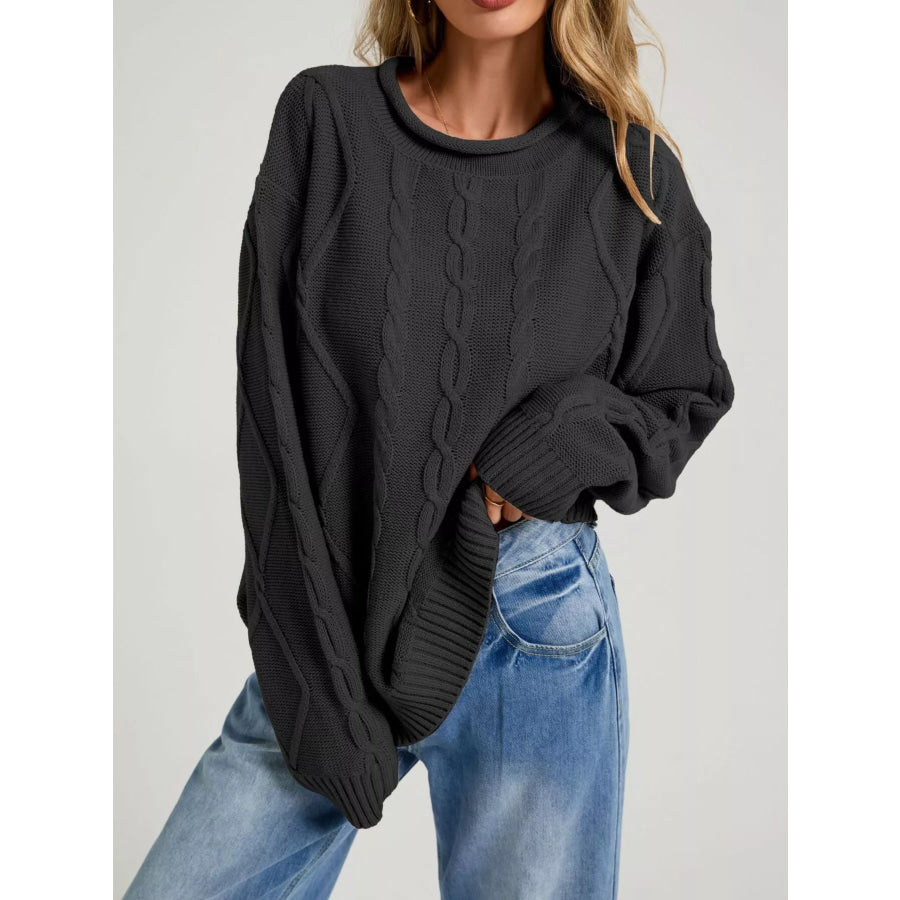Cable Knit Ribbed Hem Sweater Black / S Apparel and Accessories