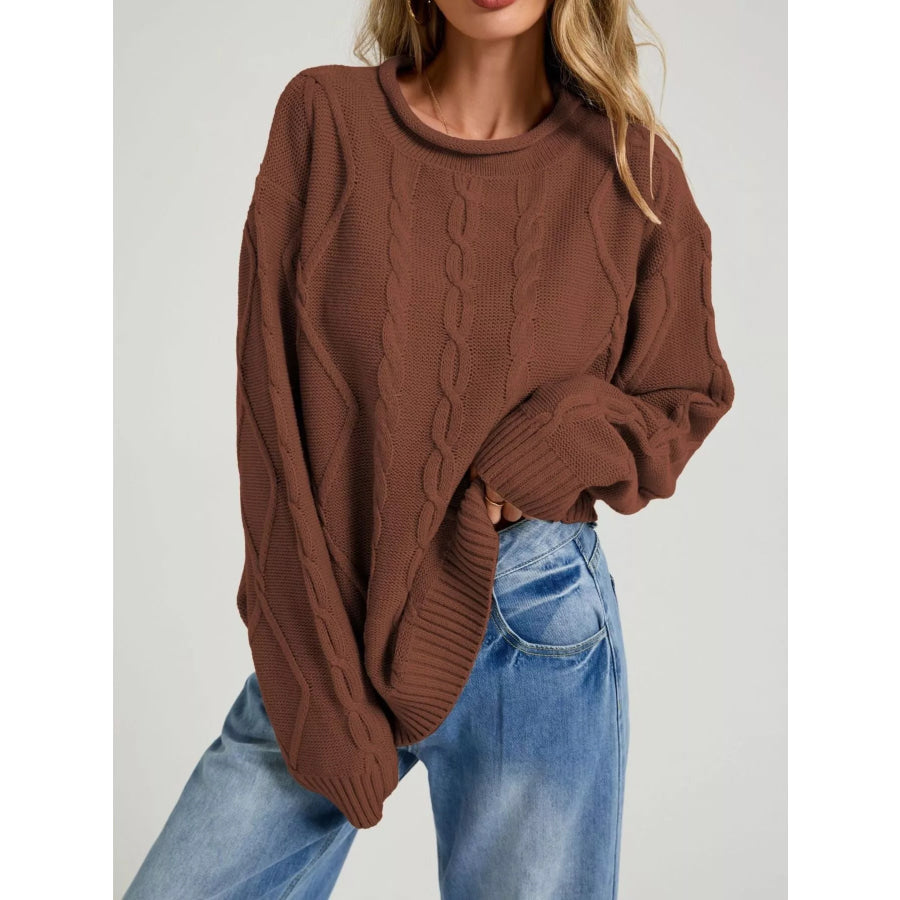 Cable Knit Ribbed Hem Sweater Brown / S Apparel and Accessories