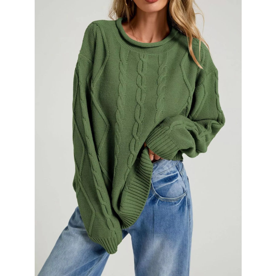 Cable Knit Ribbed Hem Sweater Green / S Apparel and Accessories