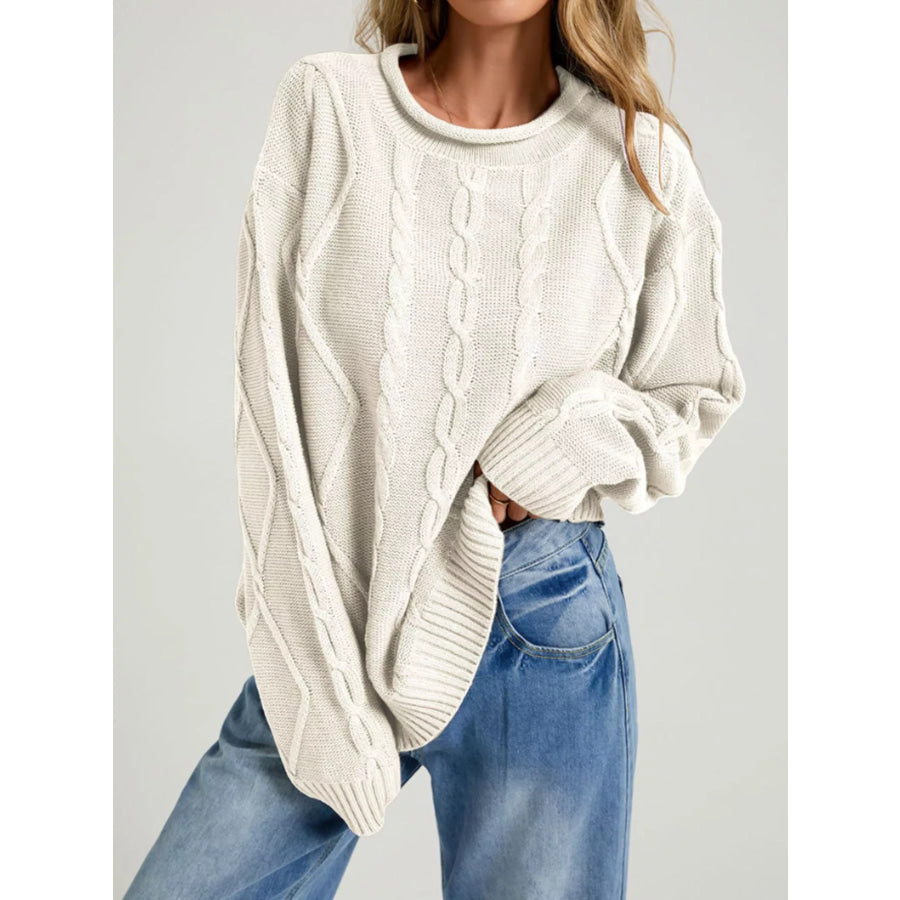 Cable Knit Ribbed Hem Sweater Khaki / S Apparel and Accessories