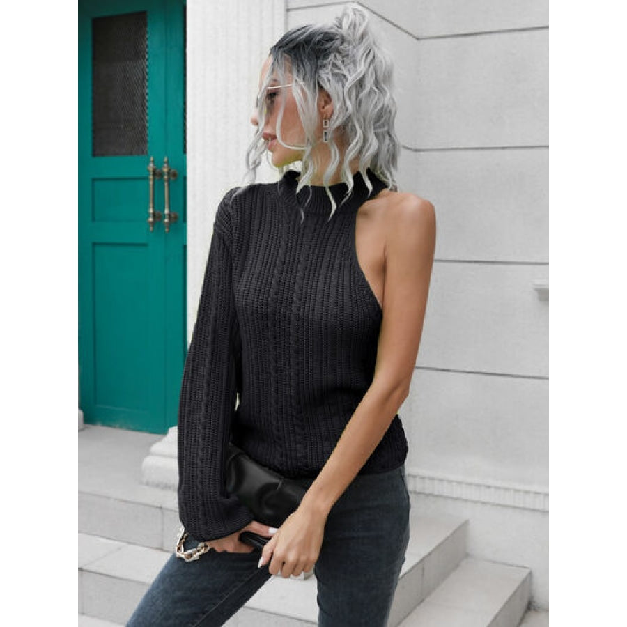 Cable-Knit Round Neck Asymmetrical Sweater Black / S Clothing