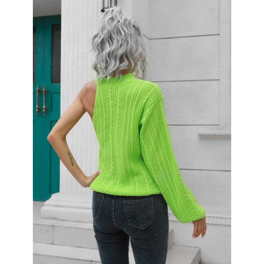 Cable-Knit Round Neck Asymmetrical Sweater Clothing